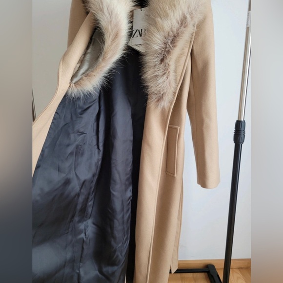Zara coat wool blend 75% long camel belted rope trench fur collar Manteco - Picture 11 of 15
